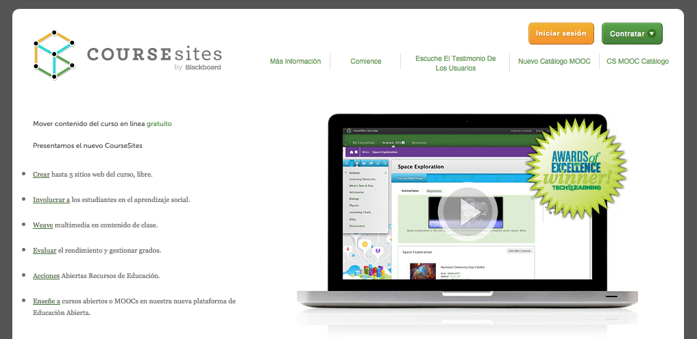 Captura de pantalla de la página de inicio de Coursesites.