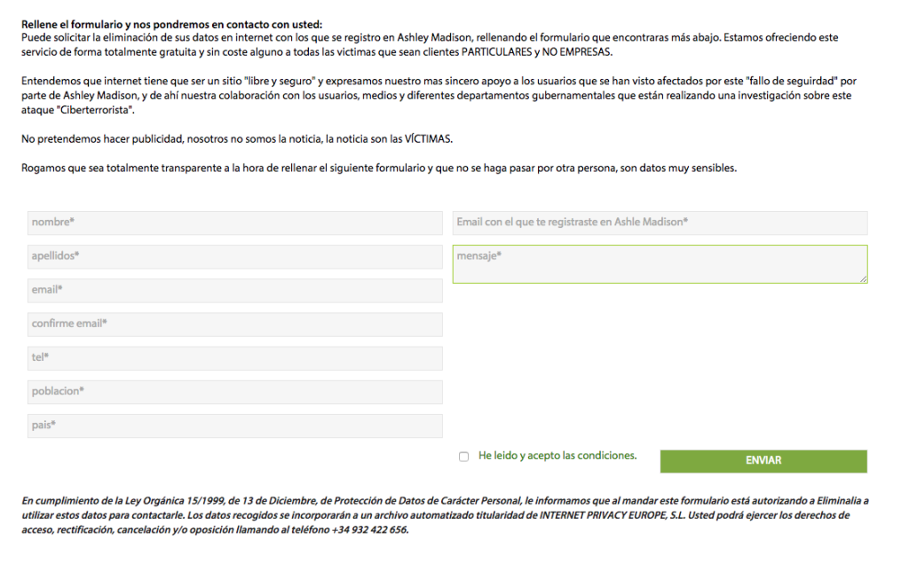 Formulario contacto borrar datos Ashley Madison