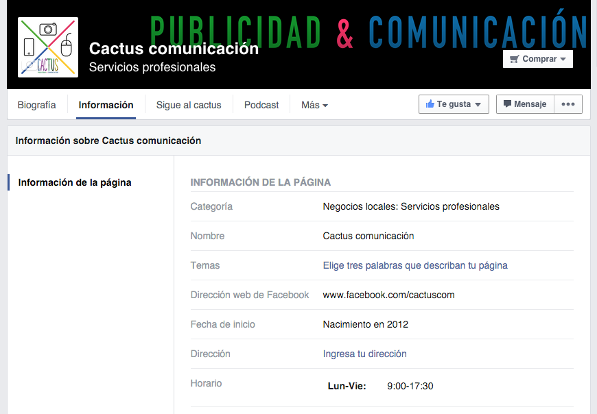 Horario de apertura en Facebook