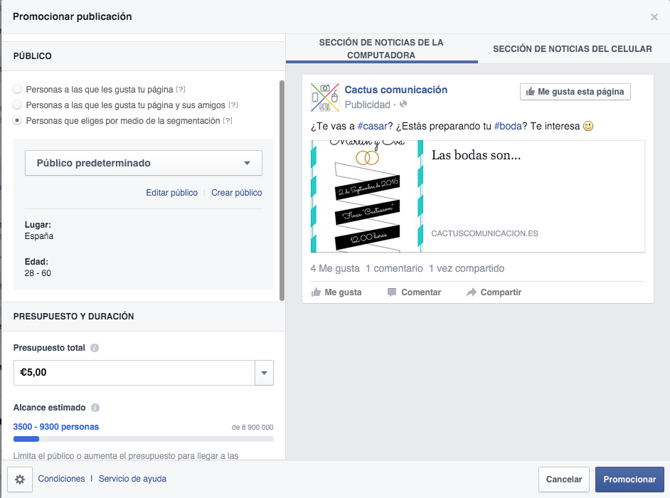 ejemplo configurar campaña en Facebook