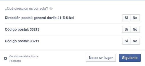 Dirección postal en el editor de Facebook