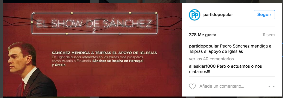 Publicación en Instagram del PP